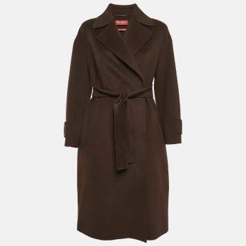 Pre Owned Max Mara Studio Brown Virgin Wool and Cashmere Open Front Belted Long Coat S