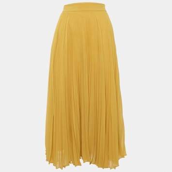Pre Owned Max Mara Studio Yellow Pleated Georgette Midi Skirt M