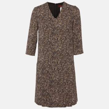 Max Mara Studio Brown Printed Crepe V-Neck Dress S
