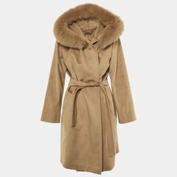 مملوكة مسبقًا Max Mara Studio Beige Wool Detachable Fur Hood Coat L