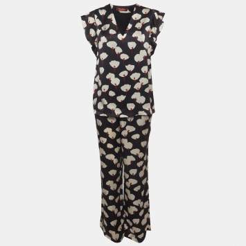 Pre Owned Max Mara Studio Black Floral Print Silk Pants and Top Set L