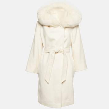 مملوكة مسبقًا Max Mara Studio Cream Wool Fur Trim Mango Coat M