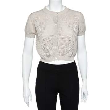 Pre Owned Max Mara Studio Beige Perforated Cotton Knit Cropped Cardigan L