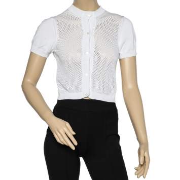 Pre Owned Max Mara Studio White Perforated Cotton Knit Cropped Cardigan L