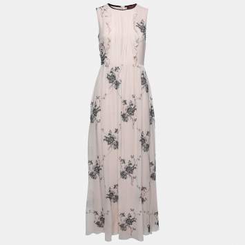 Pre Owned Max Mara Studio Pink Silk Floral Embroidered Ruffle Trimmed Dress S