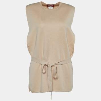 Pre Owned Max Mara Studio Beige Knit Tie Up Poncho Top S