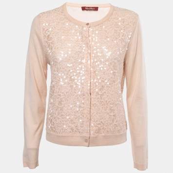 Pre Owned Max Mara Studio Peach Lace Sequin Paneled Cardigan S