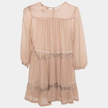 Pre Owned Max Mara Studio Beige Silk And Lace Insert Tunic Dress S