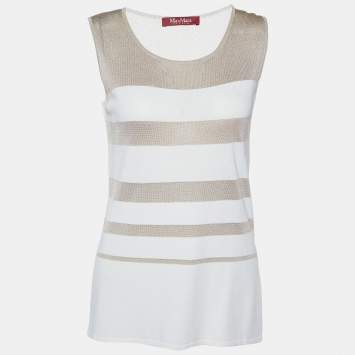 Pre Owned Max Mara Studio Crema & Gold Striped Knit Tank Top S