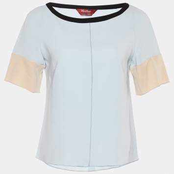 Pre Owned Max Mara Studio Blue Crepe Contrast Sleeve Blouse M