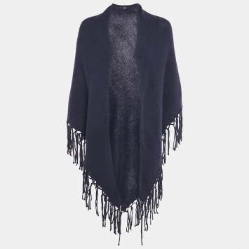 Pre Owned Max Mara Navy Blue Wool Knit Fringed Triangular Shawl 