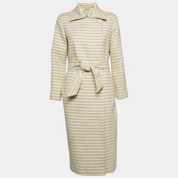 Pre Owned Max Mara Beige/White Stripe Wool Double Breasted Belted Trench Coat S