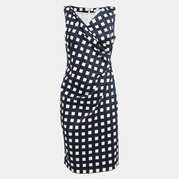 Pre Owned Max Mara Navy Blue Printed Stretch Cotton Midi Dress S