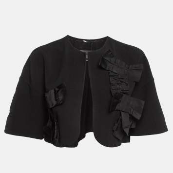 Pre Owned Max Mara Black Wool Front Open Ribbon Work Cropped Jacket S
