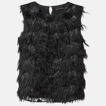 Pre Owned Max Mara Black Lurex Silk Fringed Sleeveless Top L