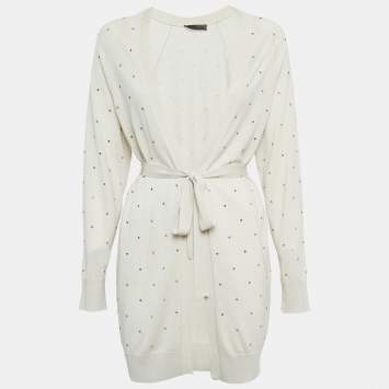 Pre Owned Max Mara Off White Embellished Knit Open Front Cardigan M