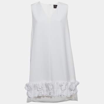 Pre Owned Max Mara White Crepe Ruffled Hem Sleeveless Tunic Top L