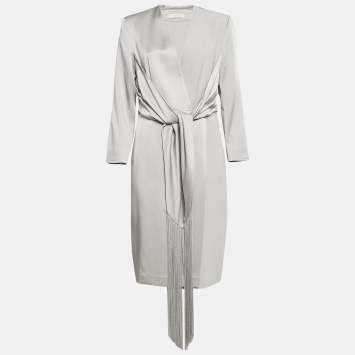 Pre Owned Max Mara Grey Crepe Fringe Cuff Detail Wrap Dress L