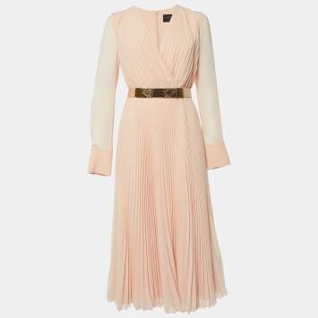 Pre Owned Max Mara Light Orange Pleated Georgette Belt Detail Sidra Midi Dress M
