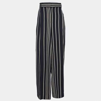 Pre Owned Max Mara Navy Blue/White Striped Wide Leg Trousers S