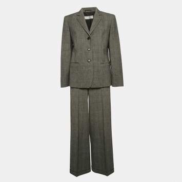 Pre Owned Max Mara Grey Plaid Wool Single Breasted Pants Suit M