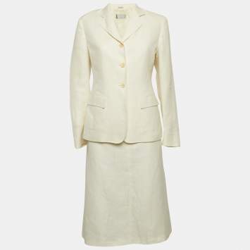 Pre Owned Max Mara Off-White Linen Skirt Suit M