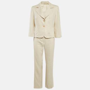 Pre Owned Max Mara Cream Linen Single Breasted Pantsuit M