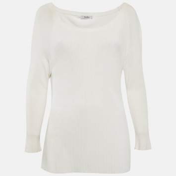 Pre Owned Max Mara White Rib Knit Boat Neck Top XXL