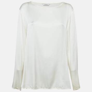 Pre Owned Max Mara Leisure Cream Satin Silk Long Sleeve Blouse XL