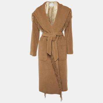 Pre Owned Max Mara Brown Camel Wool Fringed Wrap Coat S