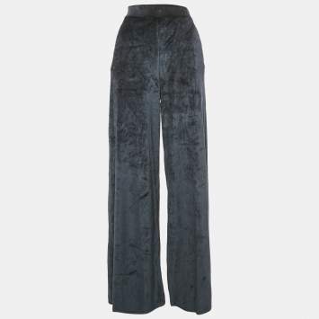 Pre Owned Max Mara Navy Blue Velvet Knit Wide Leg Pants M