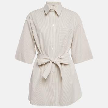 Pre Owned Max Mara Leisure Beige Seersucker Stripe Cotton Tie-Up Waist Detail Shirt L