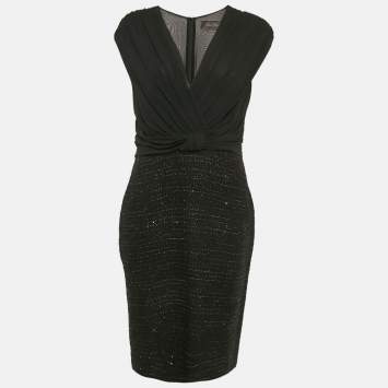 Pre Owned Max Mara Black Tweed and Silk Draped V-Neck Short Dress M