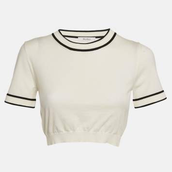 Pre Owned Max Mara White Cotton Knit Round Neck Cropped Top M