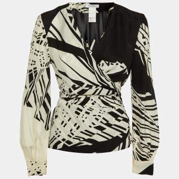 Pre Owned Max Mara Monochrome Printed Silk Wrap Top M