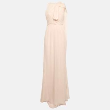 Max Mara Pink Silk Chiffon Gathered Sleeveless Long Dress S
