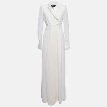 Pre Owned Max Mara White Satin and Silk Fringed Long Sleeve Maxi Dress M