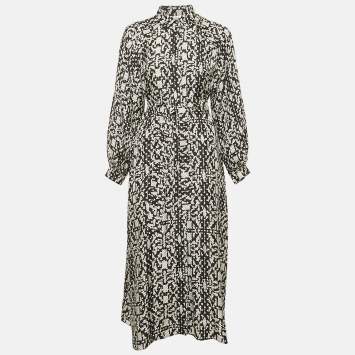 Max Mara Black Printed Silk Belted Alpe Midi Dress M