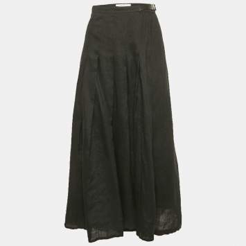 Max Mara Black Linen Pleated Maxi Wrap Skirt L