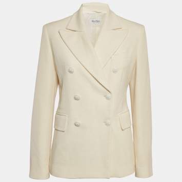 Max Mara Cream Textured Wool and Cotton Double Breasted Blazer L