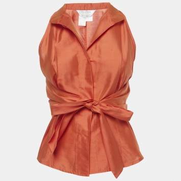 Pre Owned Max Mara Orange Taffeta Silk Wrap Around Top S