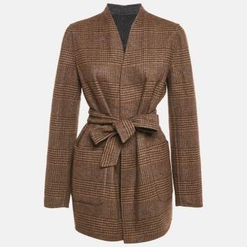 Max Mara Navy Blue & Brown Patterned Intarsia Wool Reversible Belt Coat M  