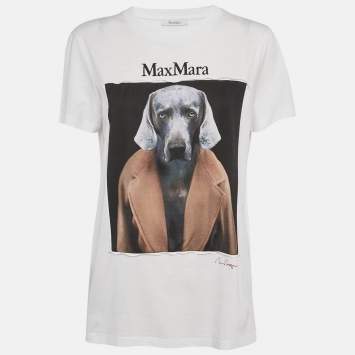 Pre Owned Max Mara White Dog Print Cotton Crew Neck Cipria T-Shirt L