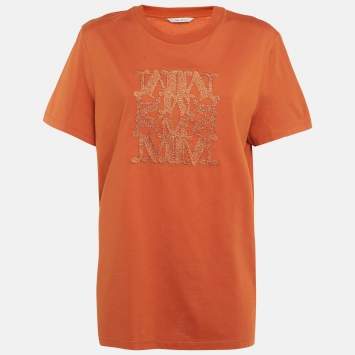Pre Owned Max Mara Orange Lurex Logo Embroidery Cotton Crew Neck T-Shirt L