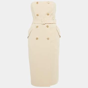 Pre Owned Max Mara Beige Crepe Strapless Double Breasted Midi Dress S 