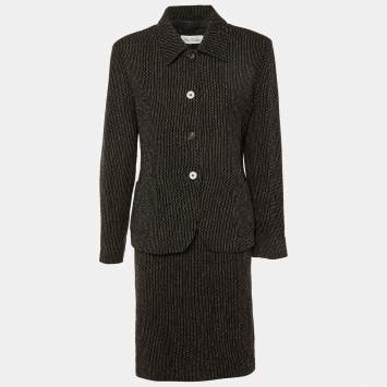 Pre Owned Max Mara Black Stitch Pattern Wool Skirt Suit L