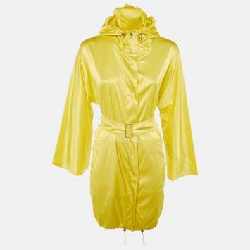 Pre Owned معطف ماكس مارا ساتان مطاطي هودي بحزام أصفر سيتي صغير