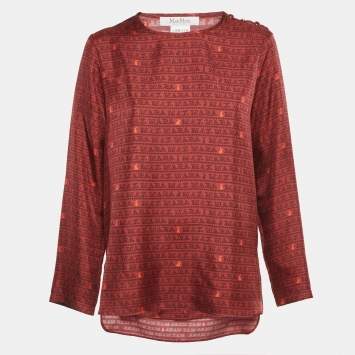 Pre Owned Max Mara Red Overall Print Silk Blouse M 