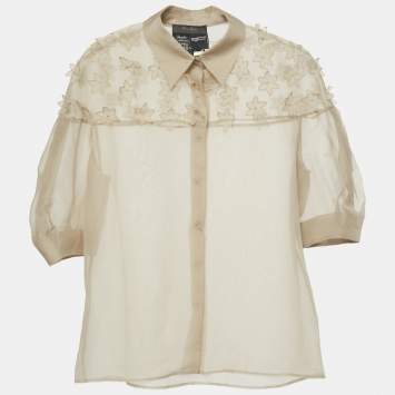 Pre Owned Max Mara Beige Floral Applique Organza Silk Sheer Shirt XS
