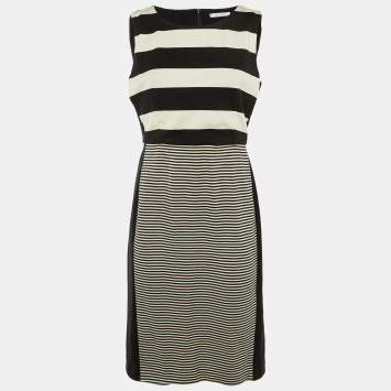 Pre Owned Max Mara Black /White Striped Cotton Knit Midi Dress M
